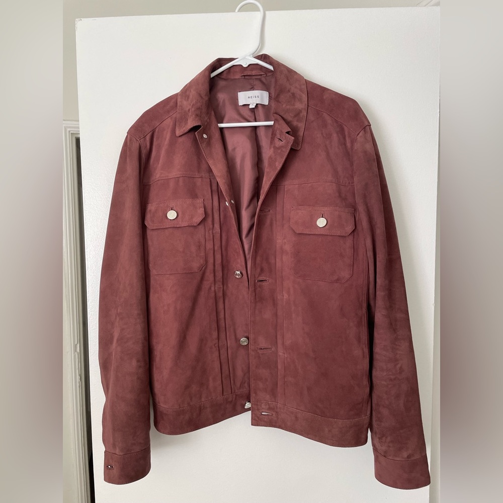 Reiss Burgundy Goat Leather Suede Trucker Jacket - Small